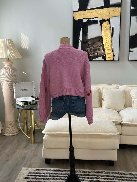 Forever 21 Plus Size Pink Cherry Embroidered Open-Front Cropped Knit Cardigan - Picture 4 of 5